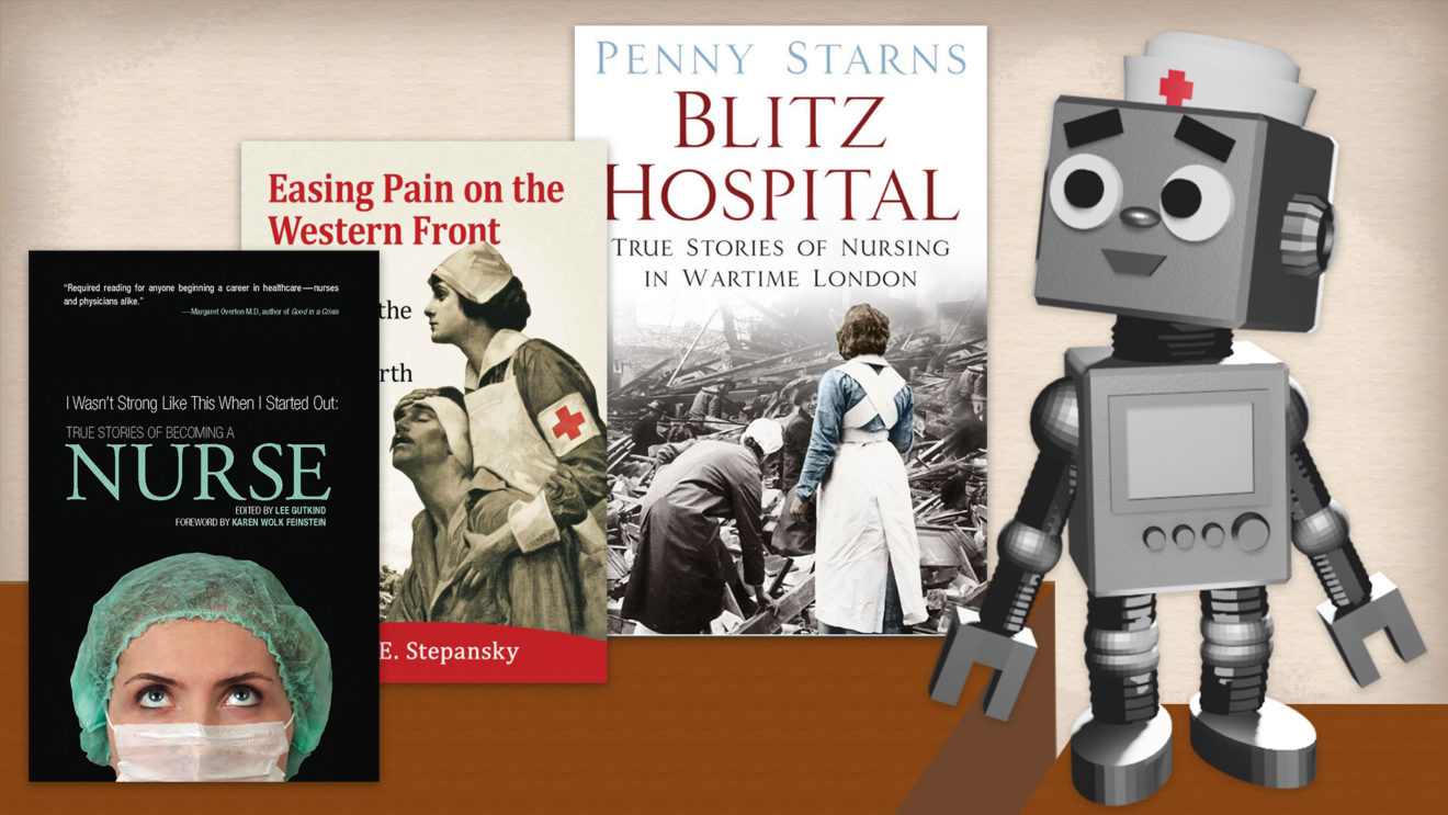 A digital display from the Harrell Health Sciences Library shows three book covers and a cartoon robot image.