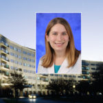 A head and shoulders professional portrait of Alexandra Flamm against a background image of Penn State College of Medicine