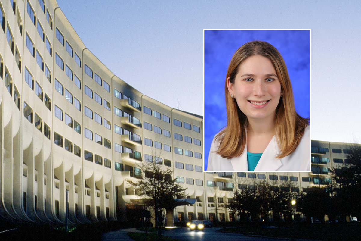 A head and shoulders professional portrait of Alexandra Flamm against a background image of Penn State College of Medicine