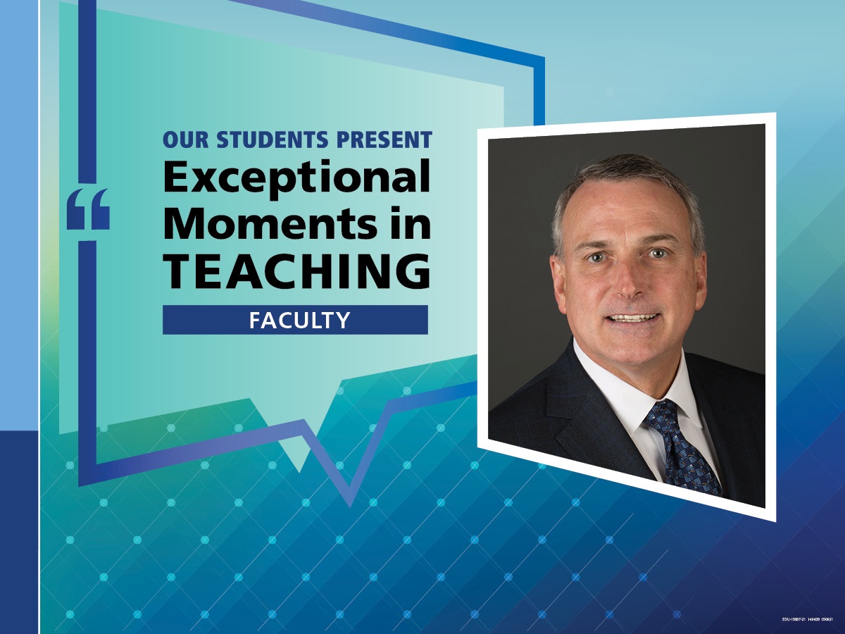 An Illustration shows Kent Vrana’s mugshot on a background with the words “OUR STUDENTS PRESENT Exceptional Moments in Teaching faculty.”