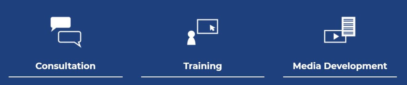 A blue rectangle that has icons and the words Consultation, Training and Media Development.