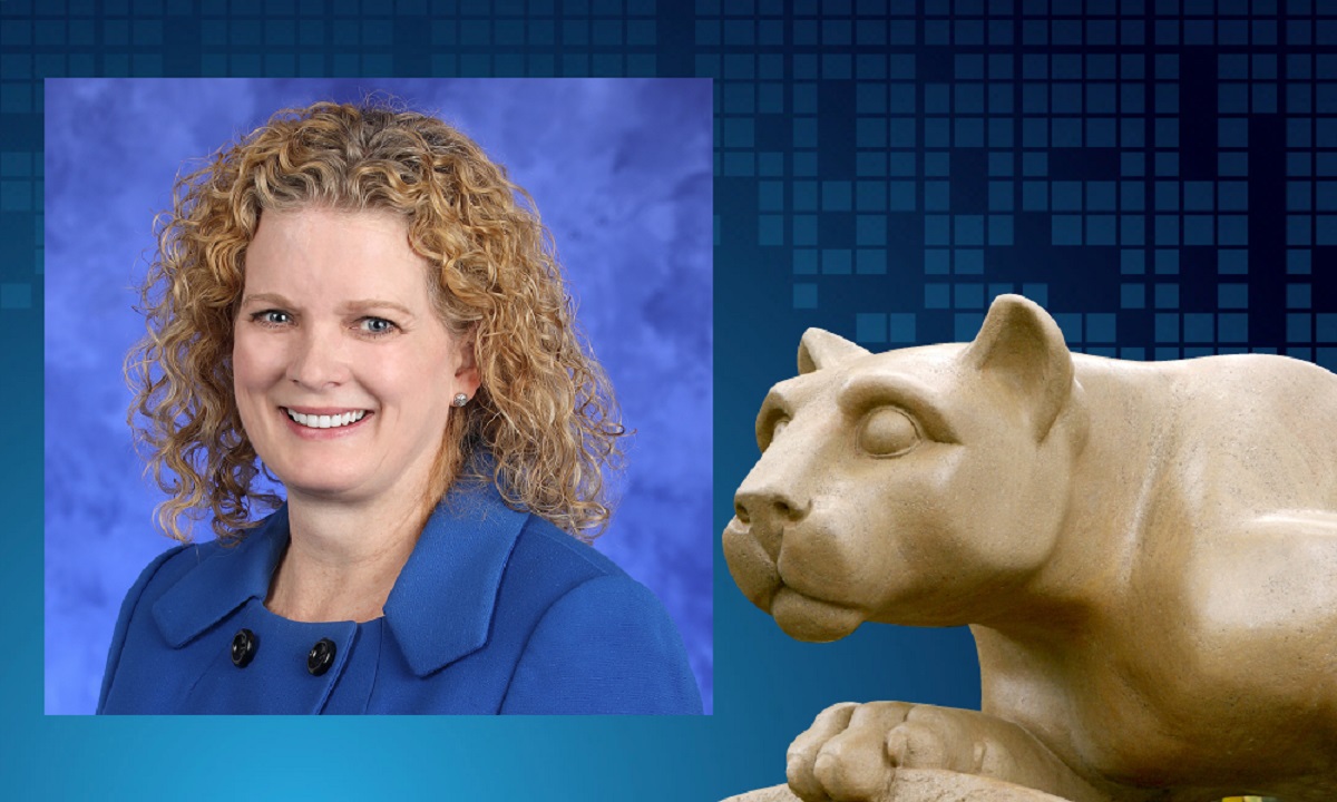 A portrait of Julie Nickell appears next to an image of the Penn State Nittany Lion statue.