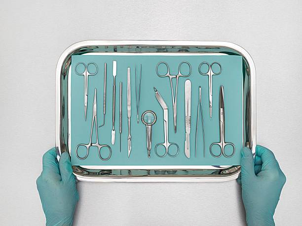 Gloved hands hold a tray of medical instruments.