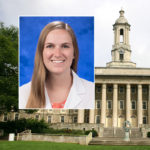 A head and shoulders professional portrait of Lindsay Buzzelli against a background image of the Old Main Building at Penn State