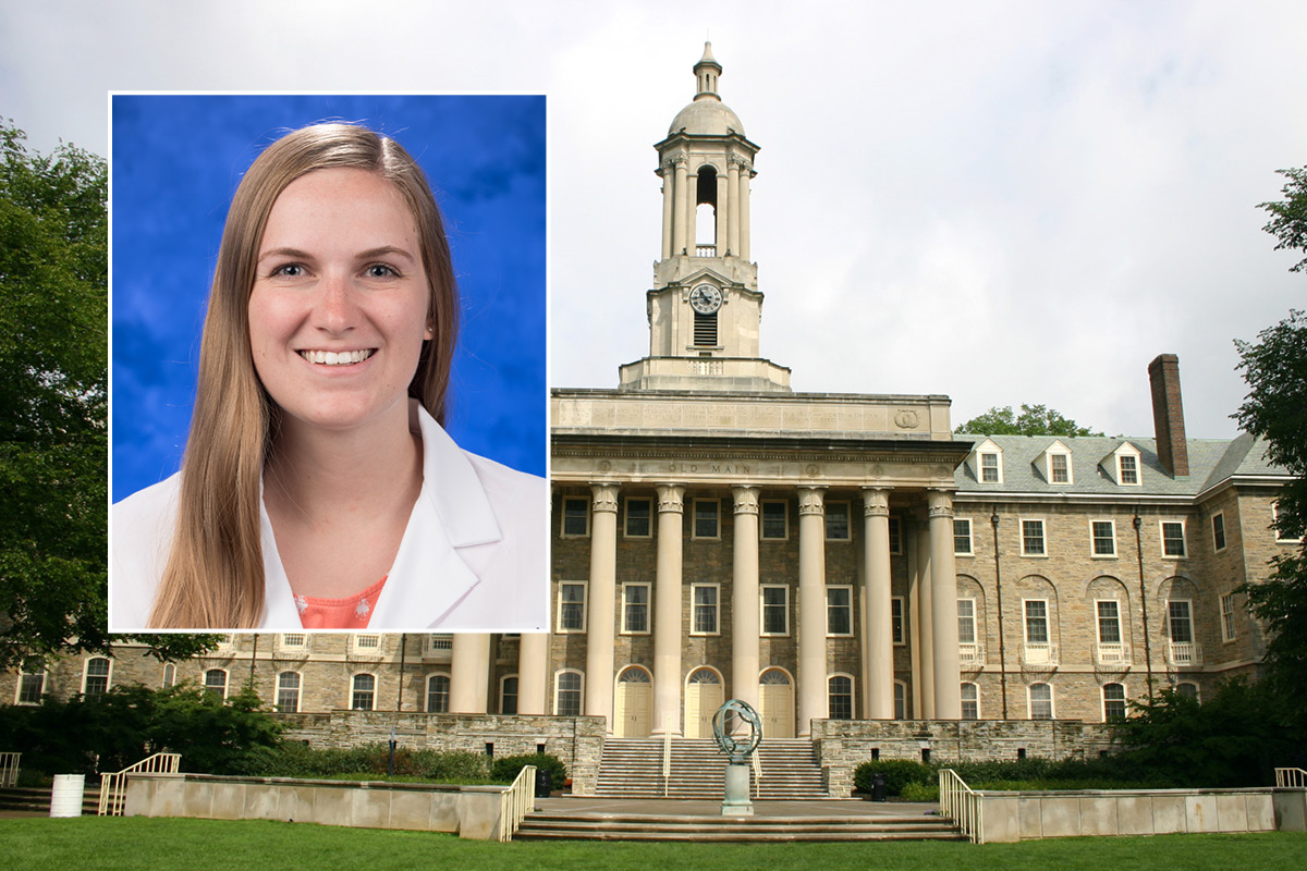 A head and shoulders professional portrait of Lindsay Buzzelli against a background image of the Old Main Building at Penn State