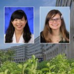 Head and shoulders professional portraits of Patricia Yee and Angela Snyder against a background image of Penn State College of Medicine