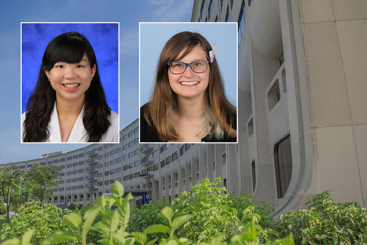 Head and shoulders professional portraits of Patricia Yee and Angela Snyder against a background image of Penn State College of Medicine