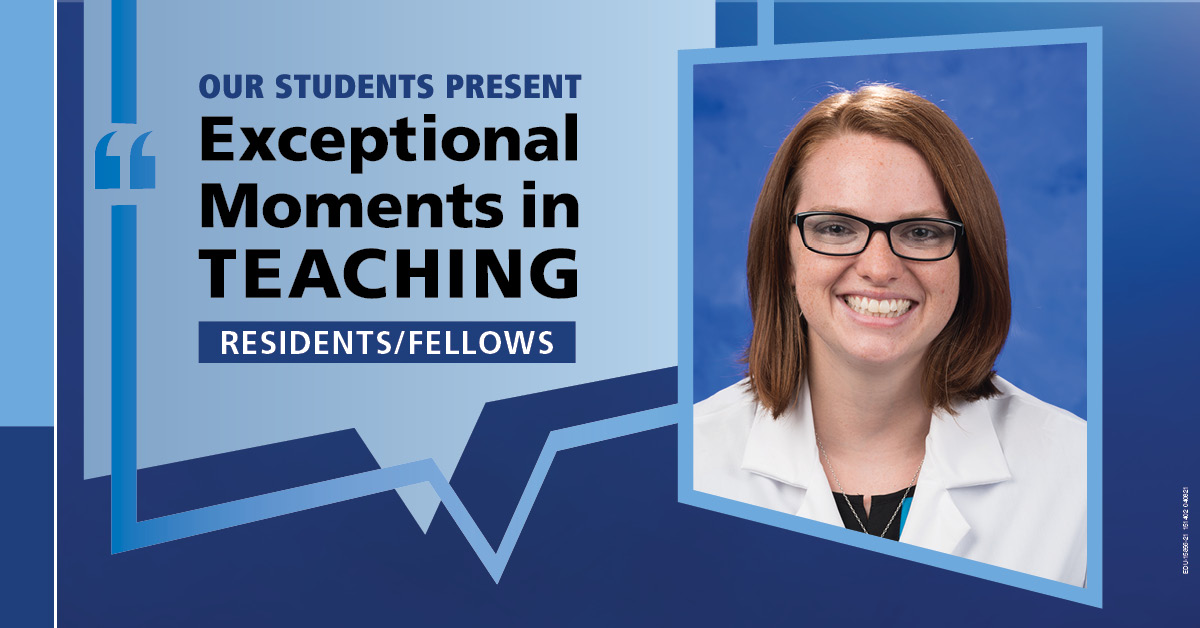 Image shows a portrait of Dr. Nicolle Bashall next to the words “Our students present Exceptional Moments in Teaching Residents/Fellows.”