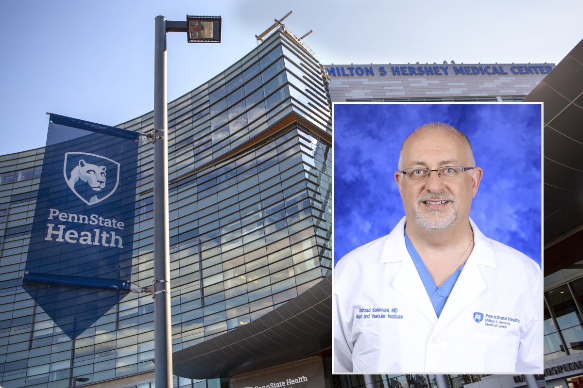 A professional headshot of Dr. Behzad Soleimani is superimposed over a stock photo of Hershey Medical Center.