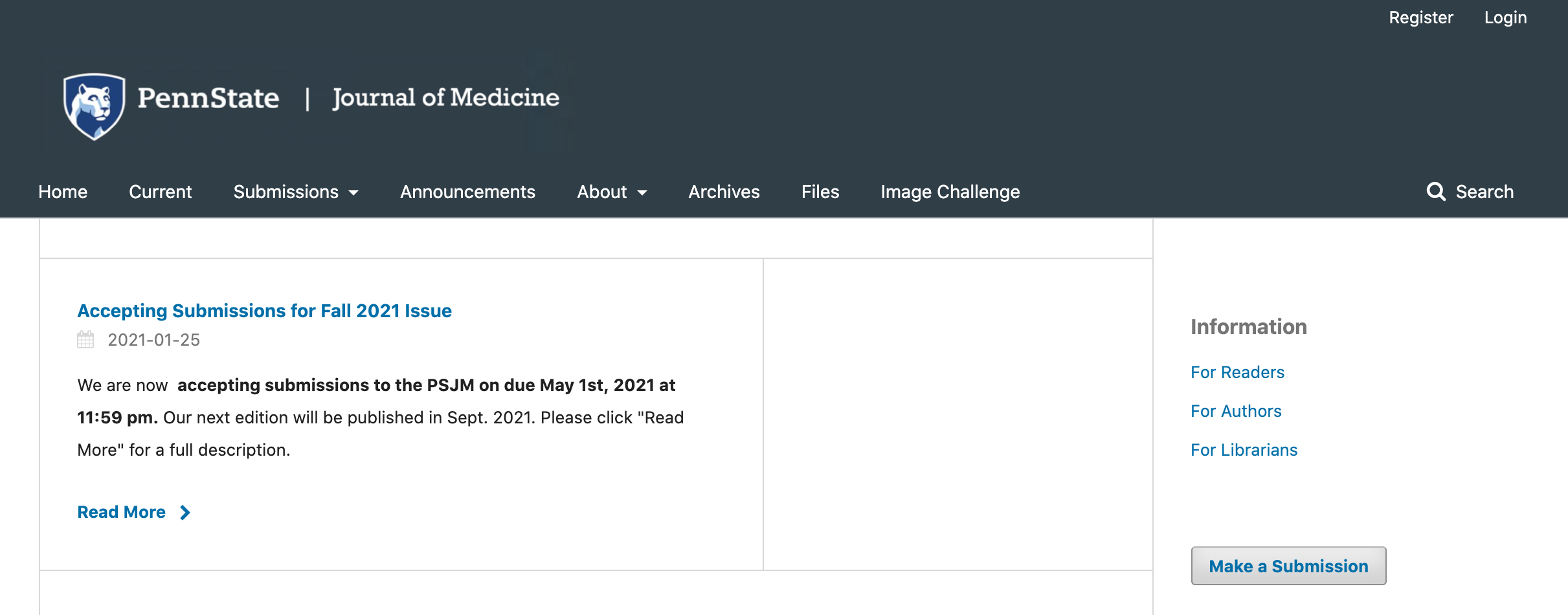 A screenshot shows a portion of the Penn State Journal of Medicine website that says it's accepting fall submissions.