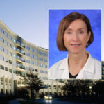 A head and shoulders professional portrait of Diane Thiboutot against a background image of Penn State College of Medicine
