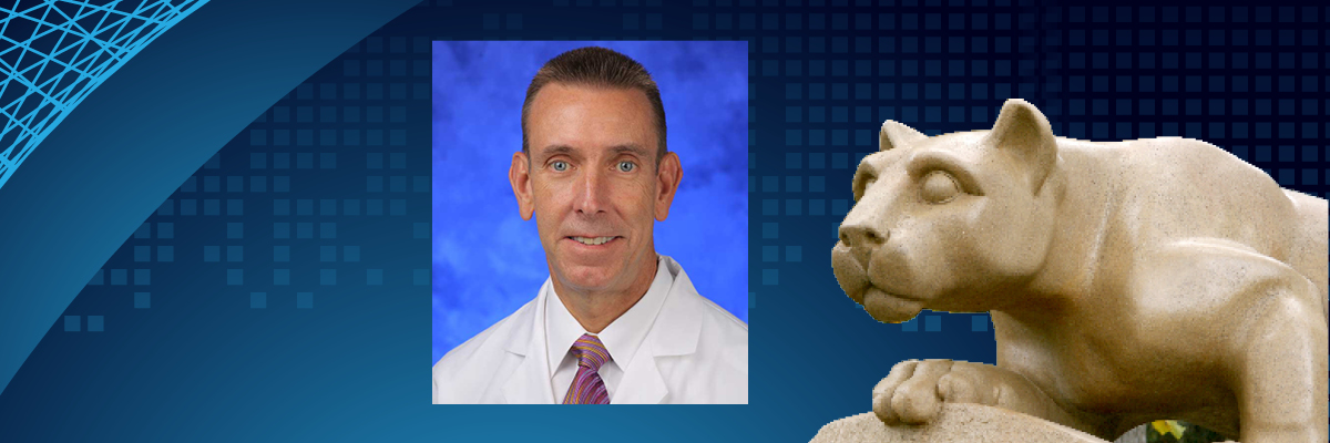 The image contains a professional photo of Dr. Kevin Black wearing a doctor’s coat next to a statue of the Nittany Lion.