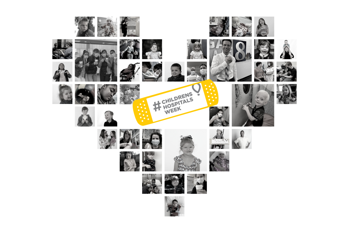 A collage of photos of CMN children, staff and others is arranged as a heart. The words 