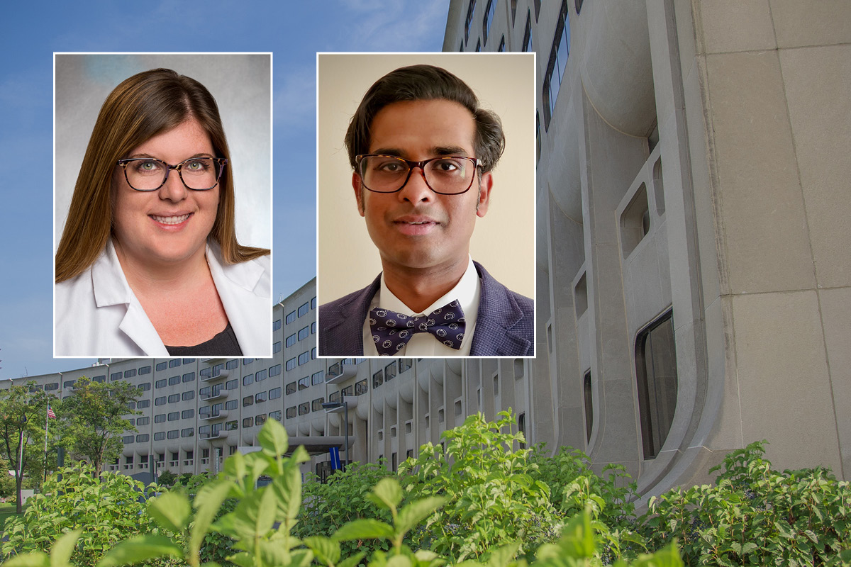 Head and shoulders professional portraits of Drs. Allison Cleary and Balaji Krishnaiah against a background image of Penn State College of Medicine