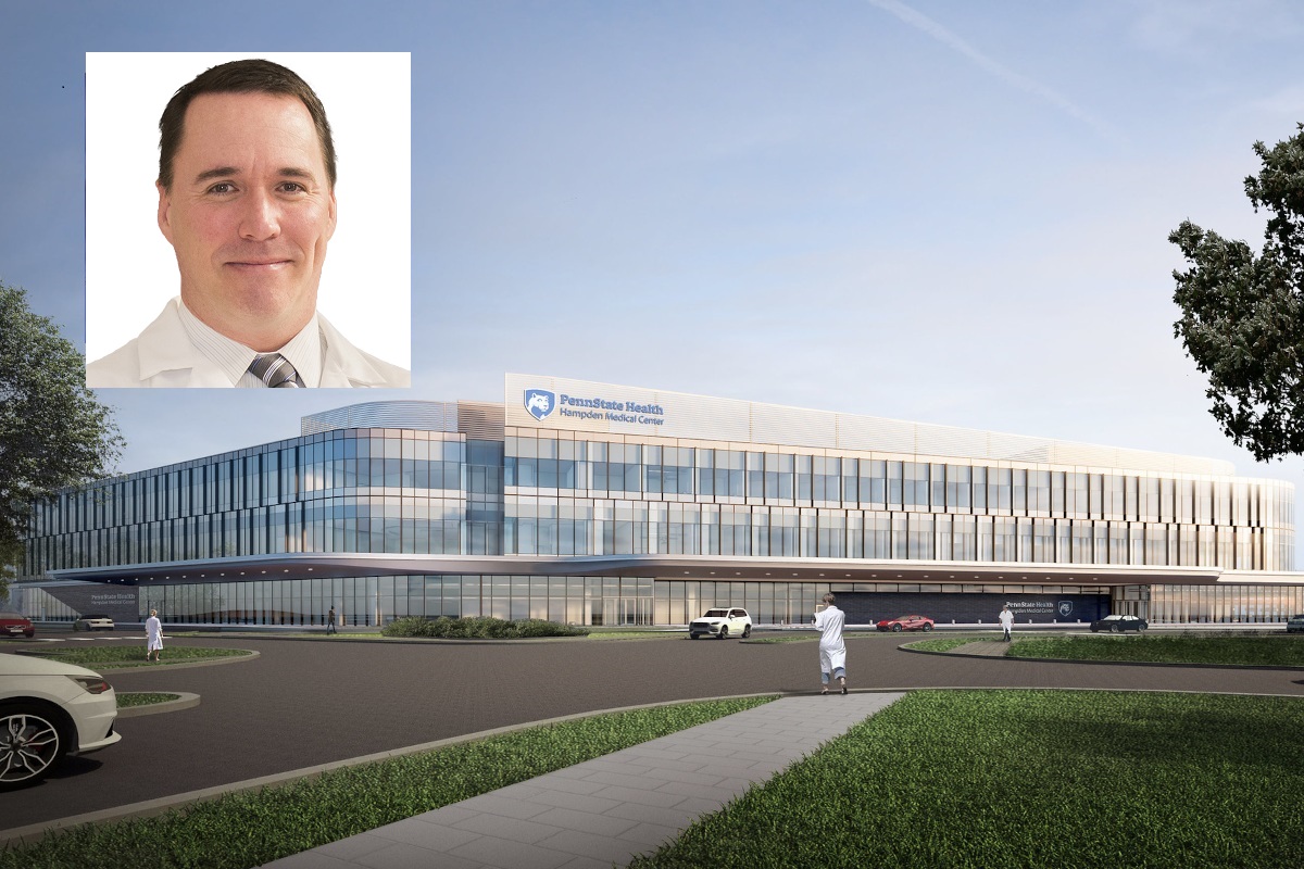 A portrait of Dr. James Leaming is superimoposed on a rendering of Holy Spirit Medical Center.