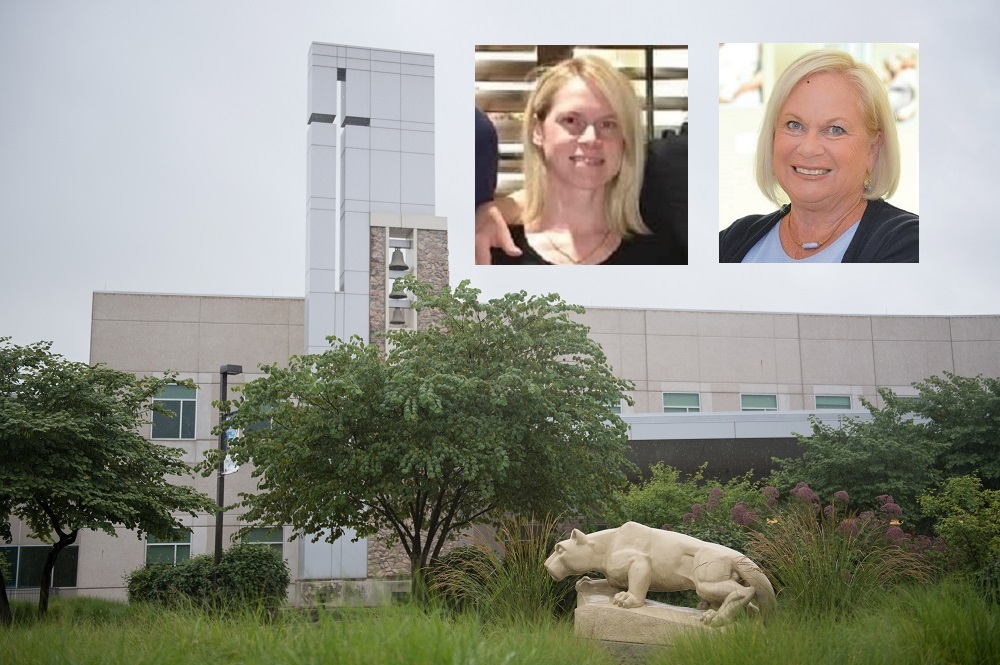 Portraits of Megan Kelly and Patty Kelly are shown against a backdrop of the St. Joseph campus.