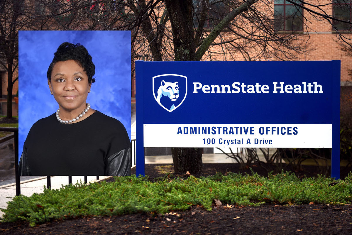 A photo of a woman smiling is overlaid on a photo of the front entrance of an administrative building