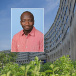 A head and shoulders professional portrait of Djibril Ba against a background image of Penn State College of Medicine.