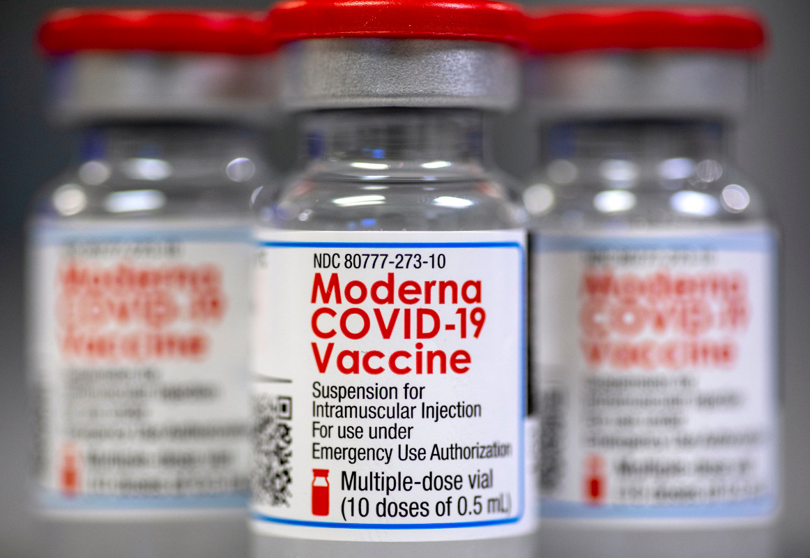 A closeup of Moderna COVID vaccine vials