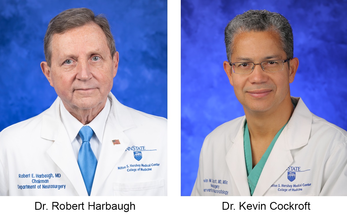 Dr. Robert Harbaugh and Dr. Kevin Cockroft are pictured in professional headshots. They are wearing white coats with the Hershey Medical Center and College of Medicine logo on the right and their names and titles on the left.