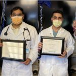 Holy Spirit Medical Center hospitalists from left Dr. Shahjahan Molla, Dr. Krishna Dondeti, Dr. Madhusudhan Ponnala, Dr. Khalid Nawab, Dr. Chris Kahlenborn and Dr. Rajesh Kumar Essrani wear the Penn State Health Patient Experience pins and hold the framed certificates and balloons they received as patient experience champions.
