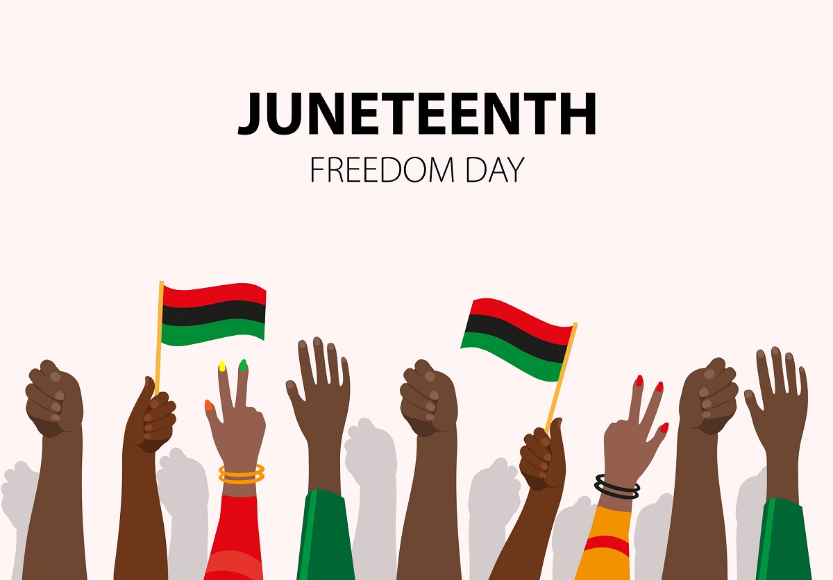 Illustration includes the words “Juneteenth Freedom Day” and a number of raised hands, two waving Pan African flags.