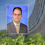 A head and shoulders professional portrait of William Calo against a background image of Penn State College of Medicine.