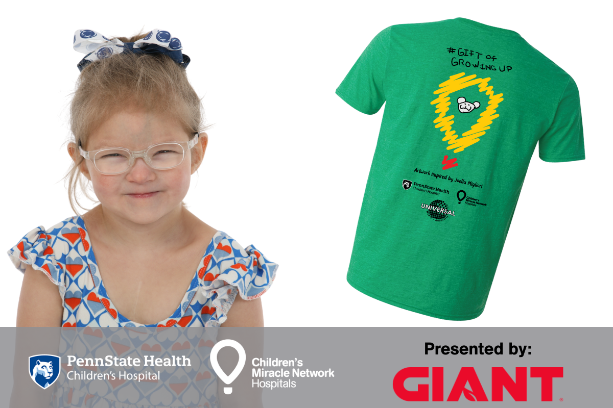 A young girl is pictured next to a T-shirt with the CMN logo on it. Logos for Penn State Health Children's Hospital, CMN and Giant appear across the bottom.