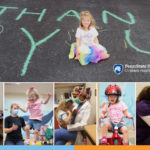 A composite image with several photos of a young girl participating in various activities. In a horizontal photo across the top half, she is sitting amid a chalk drawing reading "THANK YOU."