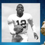 Black and white photo of Wally Triplett posing for the Penn State Nittany Lion football team.