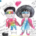 A child’s crayon drawing shows a boy and a girl, both wearing superhero masks, smiling and holding hands. Among the many words written around the figures are “All Hair is Beautiful.”