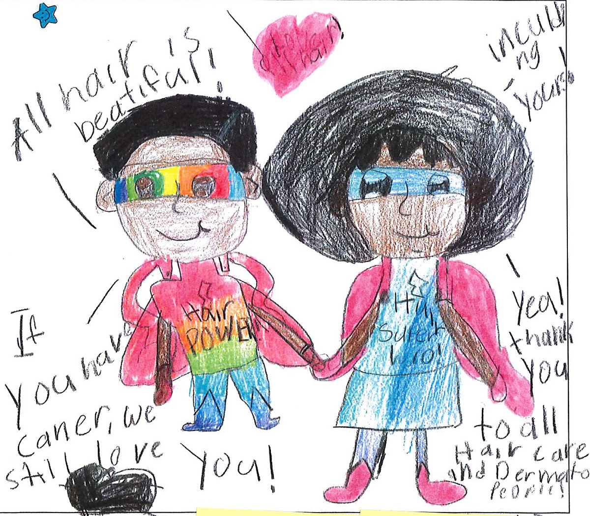 A child’s crayon drawing shows a boy and a girl, both wearing superhero masks, smiling and holding hands. Among the many words written around the figures are “All Hair is Beautiful.”