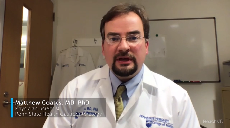 A screenshot of a webinar shows Dr. Matthew Coates in a white coat discussing irritable bowel disease.