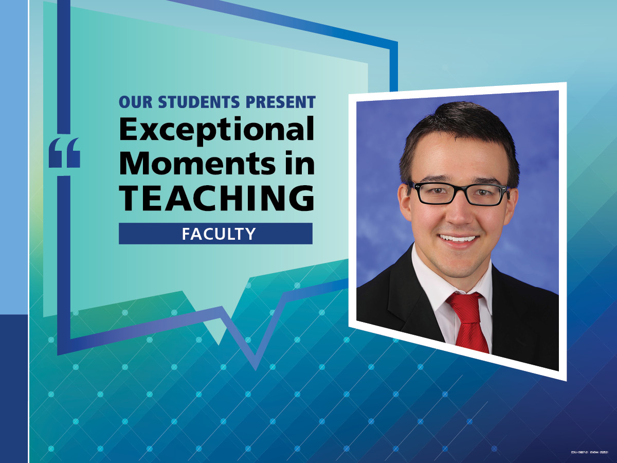 An Illustration shows Dr. Nicholas Zaorsky’s mugshot on a background with the words “OUR STUDENTS PRESENT Exceptional Moments in Teaching faculty.”