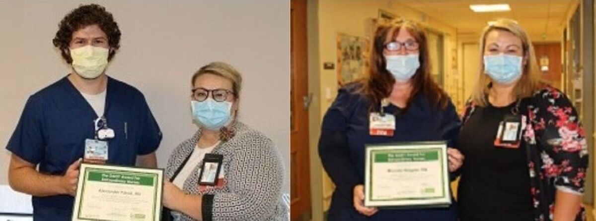 Left photo: A man wearing nursing scrubs and a face mask receives a plaque from a woman wearing a face mask and eyeglasses. Right photo: A woman wearing nursing scrubs, eyeglasses and a face mask receives a plaque from a woman wearing a face mask.