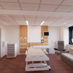 An artist's depiction of a renovated hospital room at Hershey Medical Center, with a bed and other furniture and equipment.