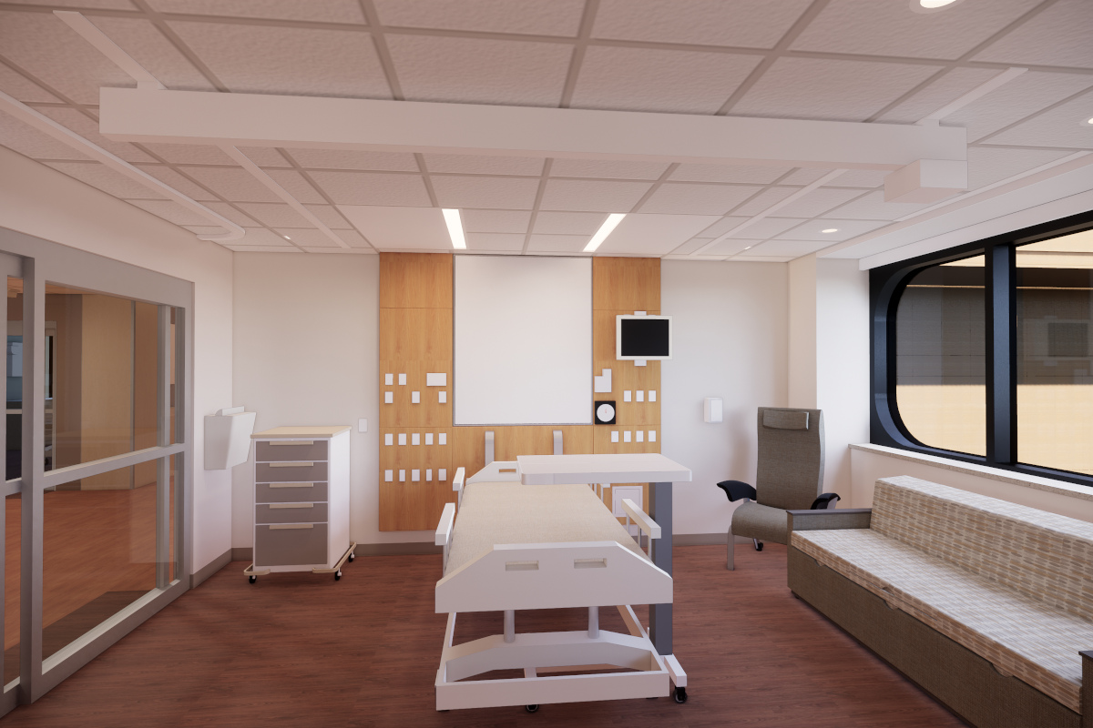 An artist's depiction of a renovated hospital room at Hershey Medical Center, with a bed and other furniture and equipment.