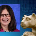 A professional headshot of Michele Szkolnicki is positioned in a graphic next to a photo of a Penn State Nittany Lion statue.
