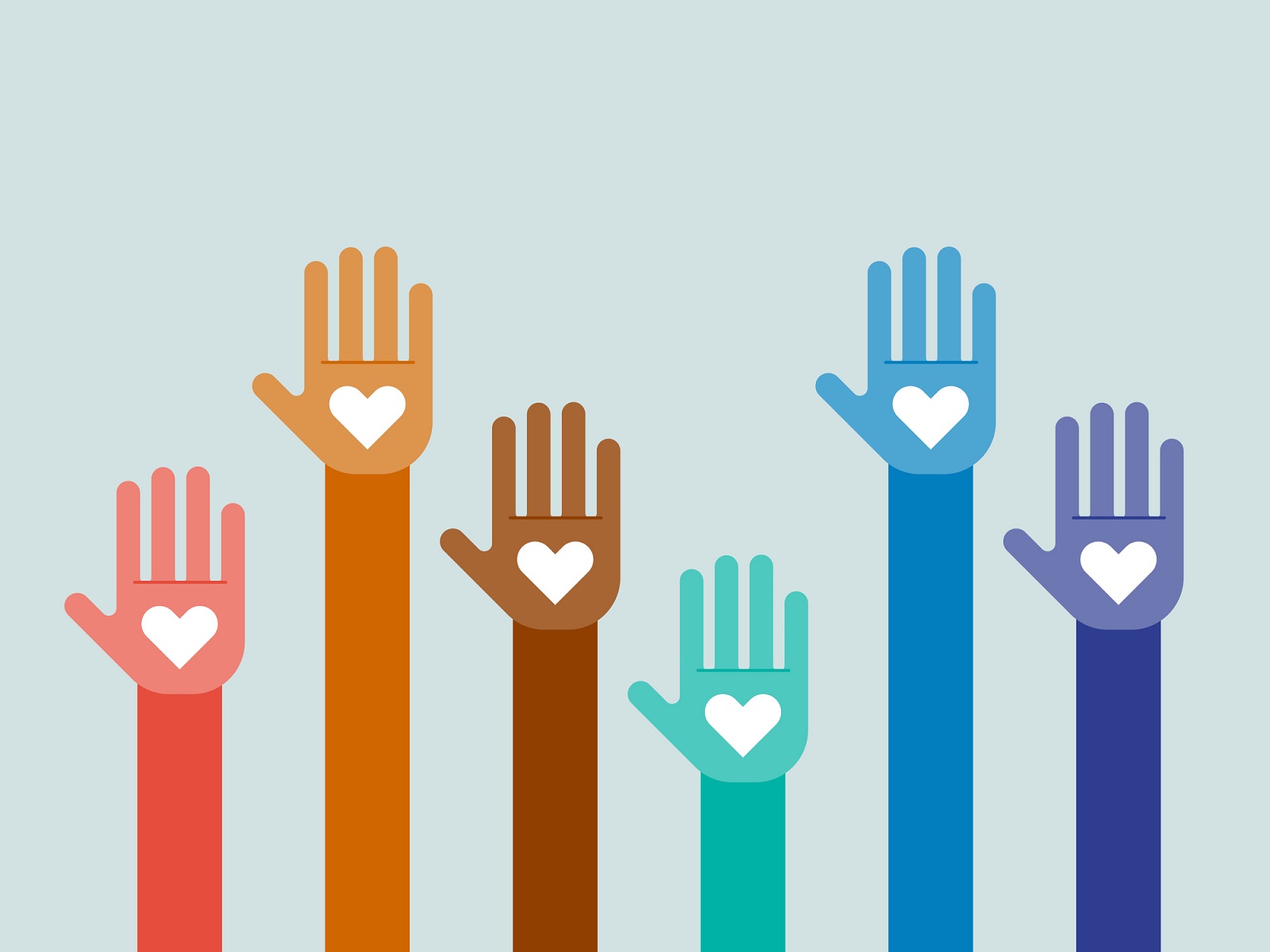 A graphic shows six arms with hearts on the palms reaching up into the air. Each are a different color, representing diversity.
