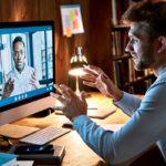 Two men speak to one another over a computer video discussion.