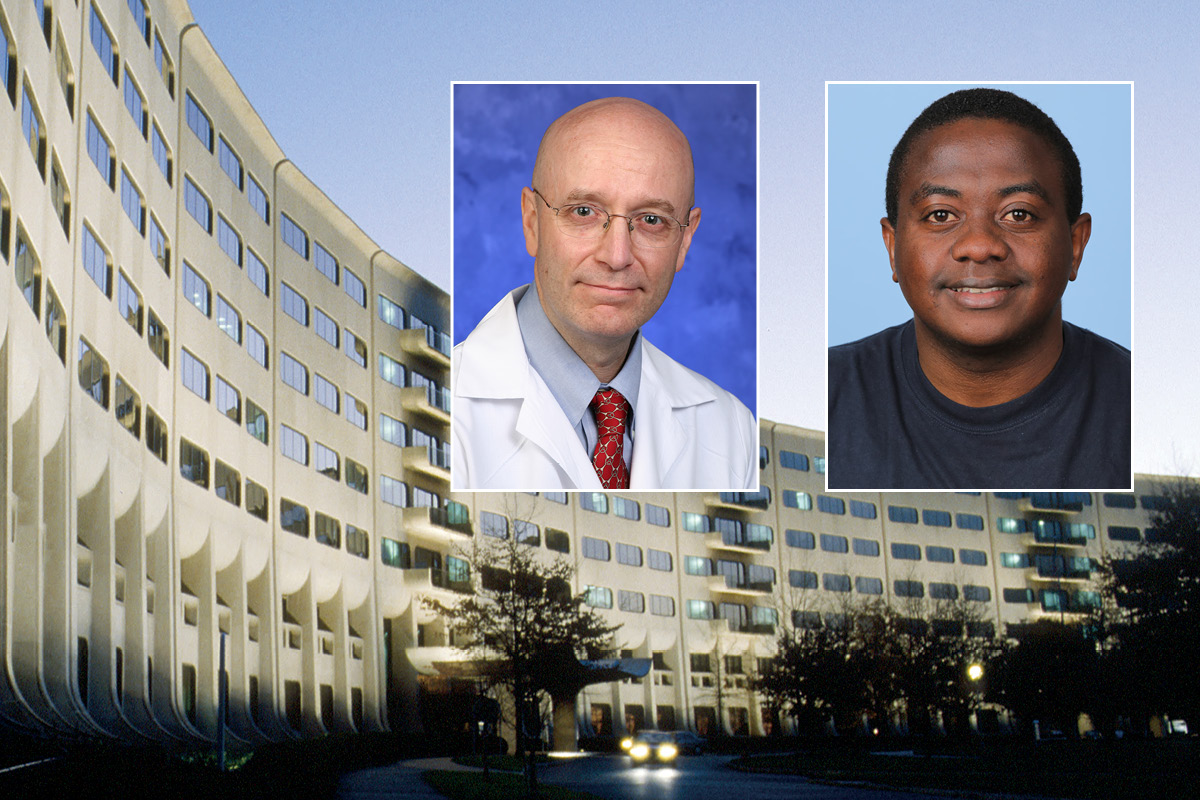 Head and shoulders professional portraits of Dr. Steven Schiff and Dr. Paddy Ssentongo against a background image of Penn State College of Medicine.