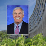A head and shoulders professional portrait of James Broach against a background image of Penn State College of Medicine.