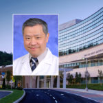 A head and shoulders professional portrait of Dr. Patrick Ma against a background image of Penn State Cancer Institute