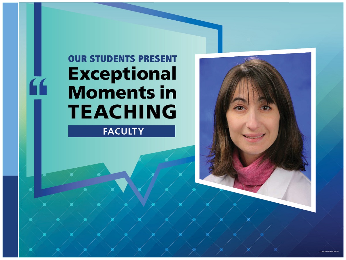 An Illustration shows Dr. Alexandra Horwitz’s mugshot on a background with the words “OUR STUDENTS PRESENT Exceptional Moments in Teaching faculty.”