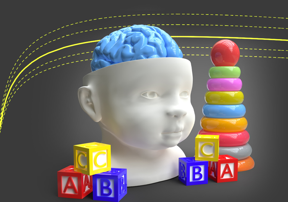 An abstract image of mathematical curves, a child's brain and children's toys.