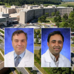 Head and shoulders professional portraits of Dino Ravnic and Arun Sharma against a background image of Penn State College of Medicine and Penn State Health Milton S. Hershey Medical Center