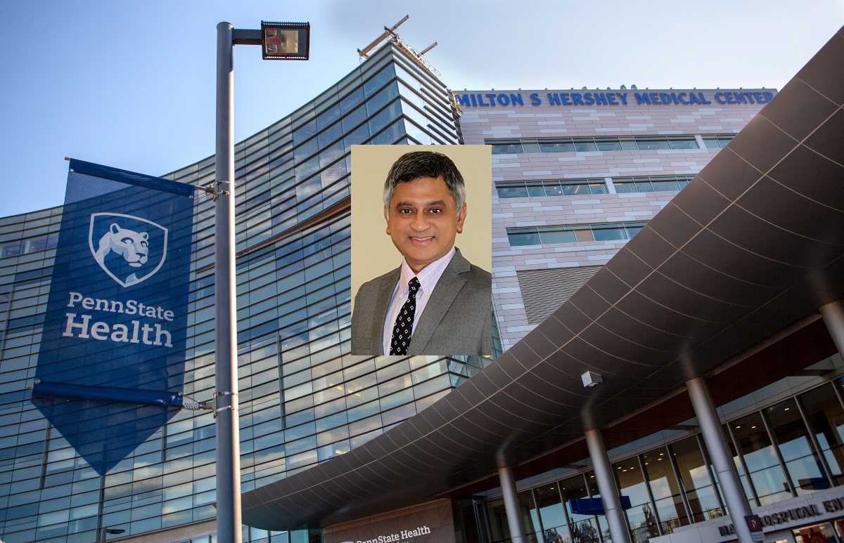 A portrait of Dr. Yatin Vyes is superimposed over an image of the exterior of Hershey Medical Center.