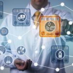 Illustration shows a man in a lab coat using internet touching icons connected by lines.