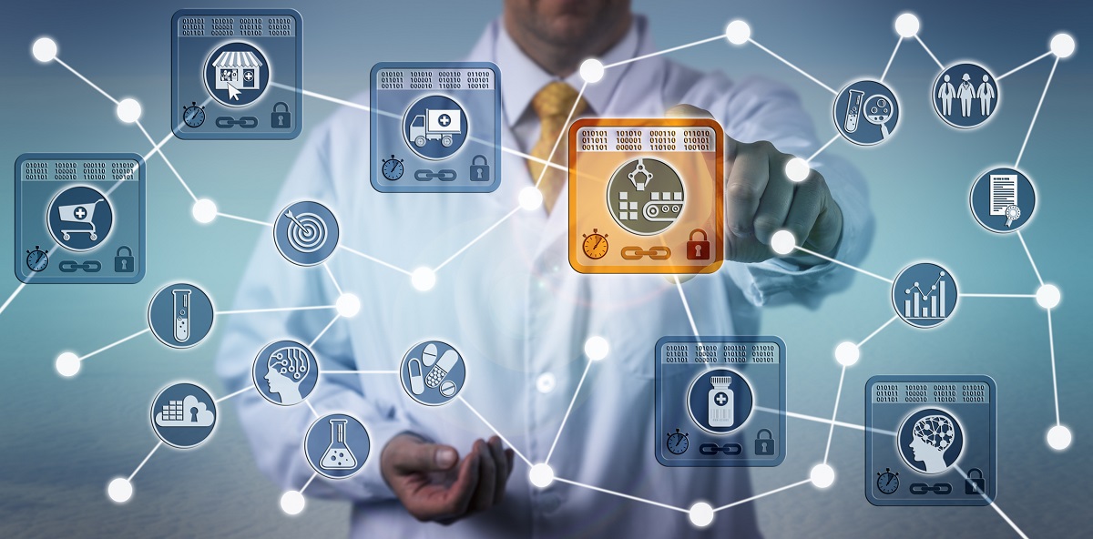 Illustration shows a man in a lab coat using internet touching icons connected by lines.