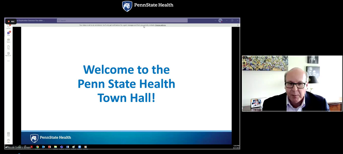 A screengrab of the Penn State Health town hall features Steve Massini speaking in a window next to a graphic that says “Welcome to the Penn State Health Town Hall!”